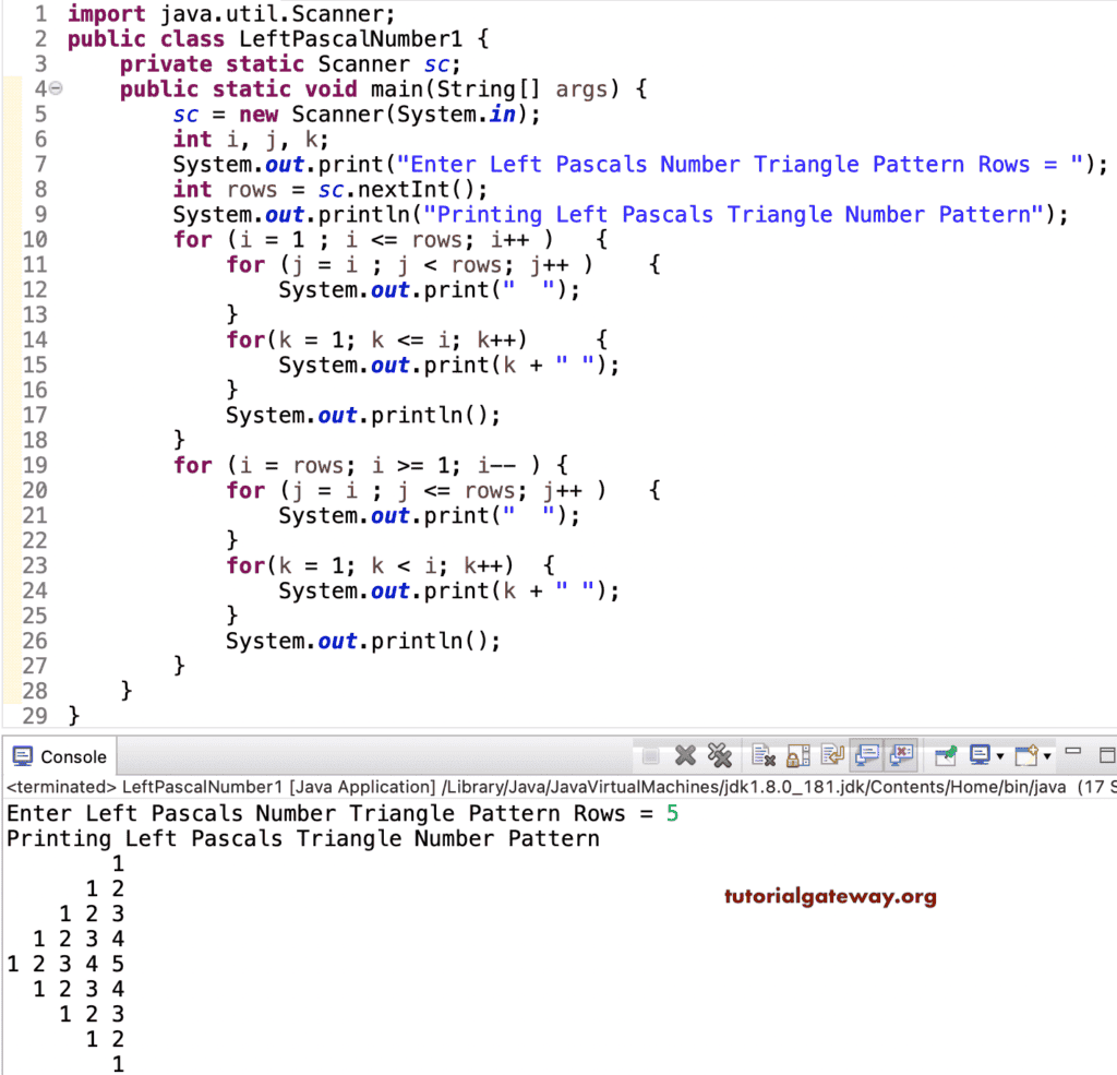 Java Program to Print Left Pascals Number Triangle