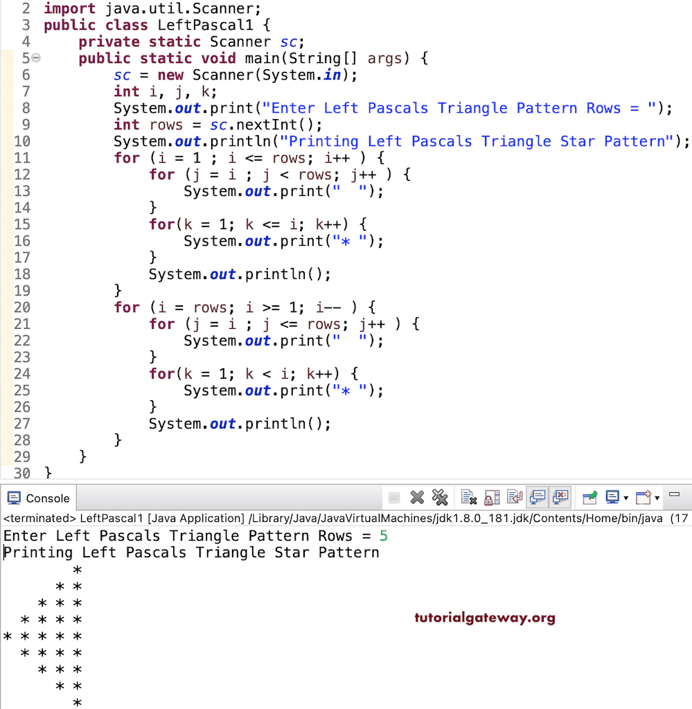 Java Program to Print Left Pascals Star Triangle