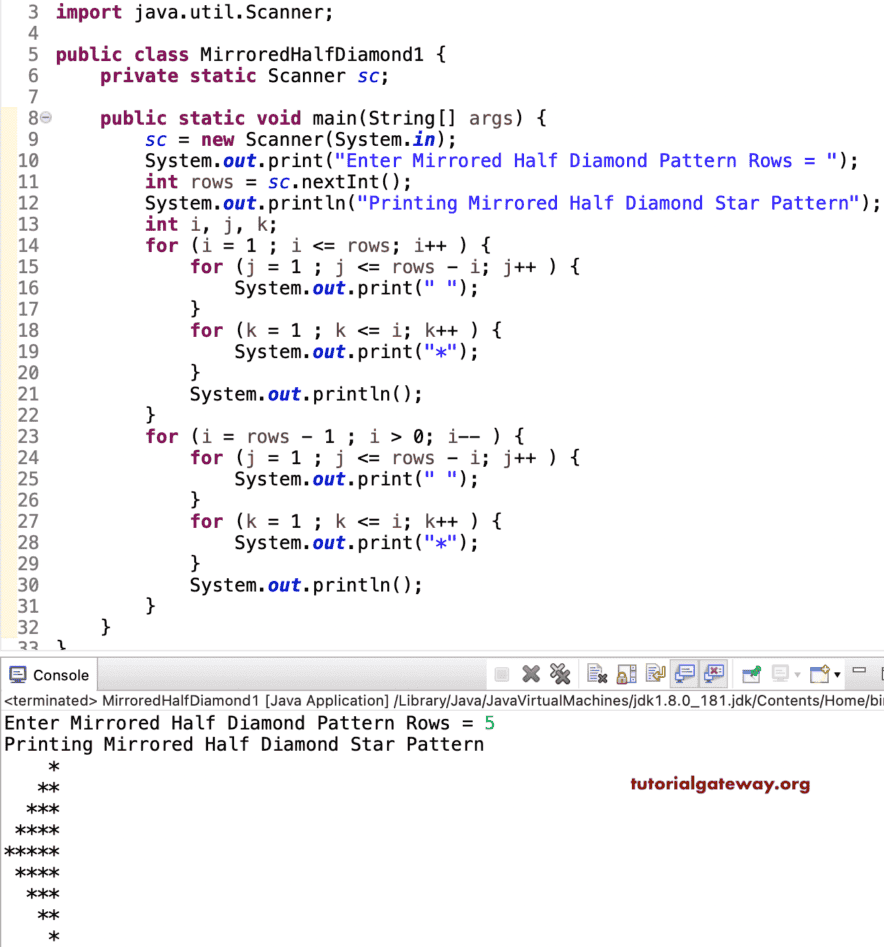 Java Program to Print Mirrored Half Diamond Star Pattern