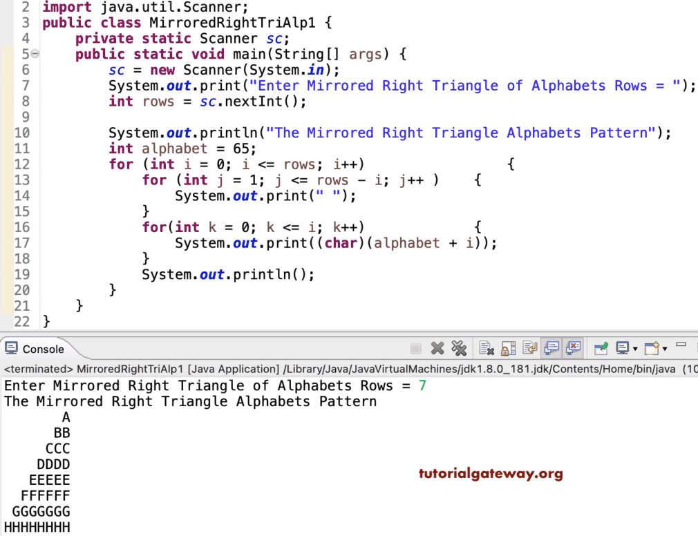 Java Program to Print Mirrored Right Triangle Alphabets Pattern