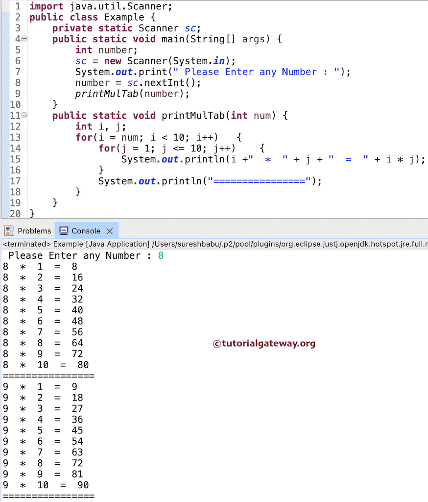 Program to print Multiplication Table using for loop and functions