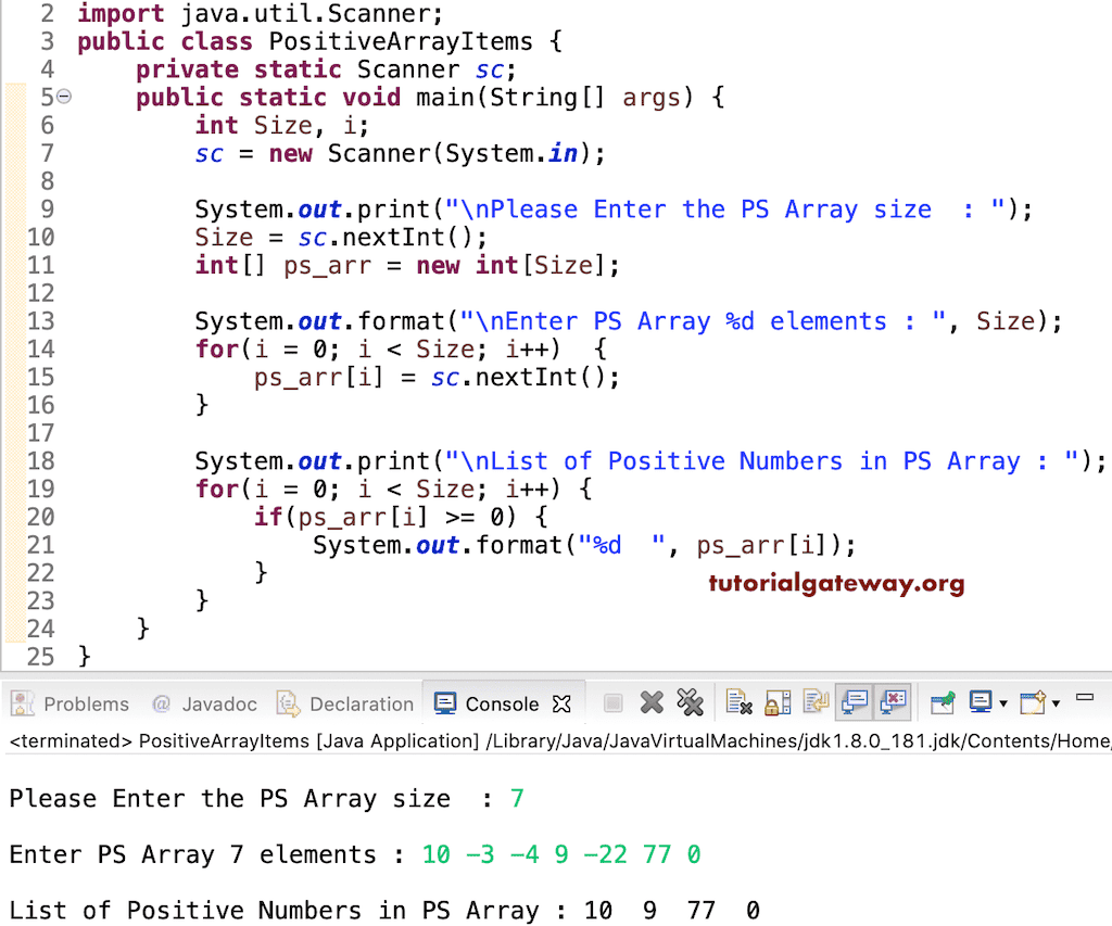 Java Program to Print Positive Array items or Numbers