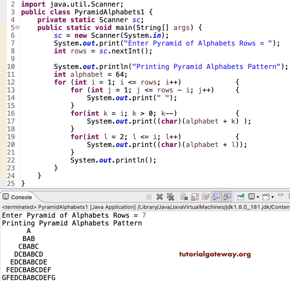 Java Program to Print Pyramid Alphabets Pattern