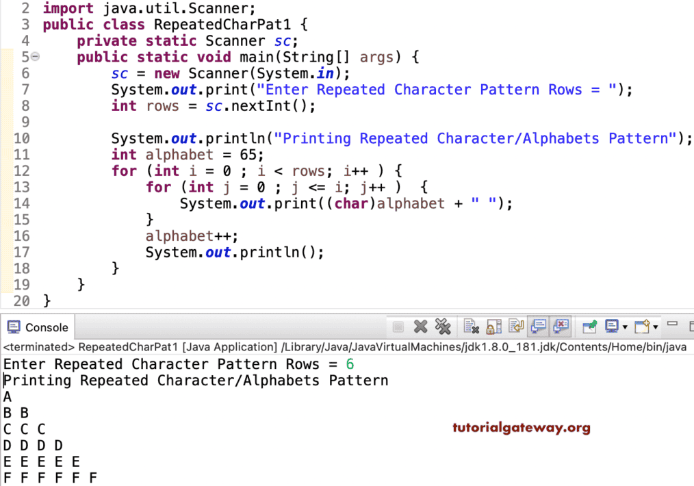 Java Program to Print Repeated Character Pattern