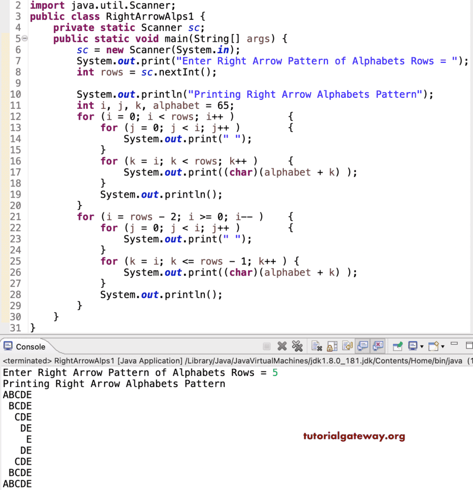 Java Program to Print Right Arrow Alphabets Pattern
