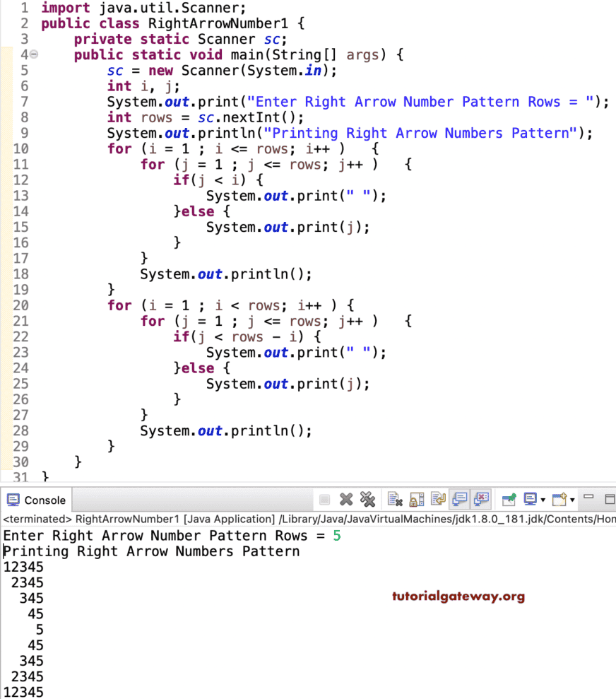 Java Program to Print Right Arrow Number Pattern