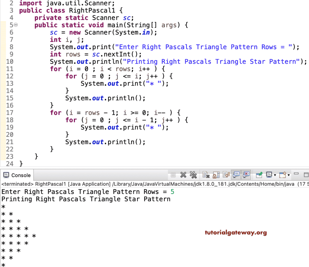 Java Program to Print Right Pascals Star Triangle