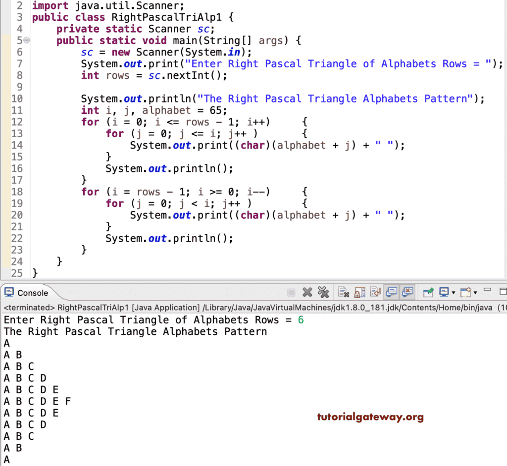 Java Program to Print Right Pascals Triangle Alphabets Pattern