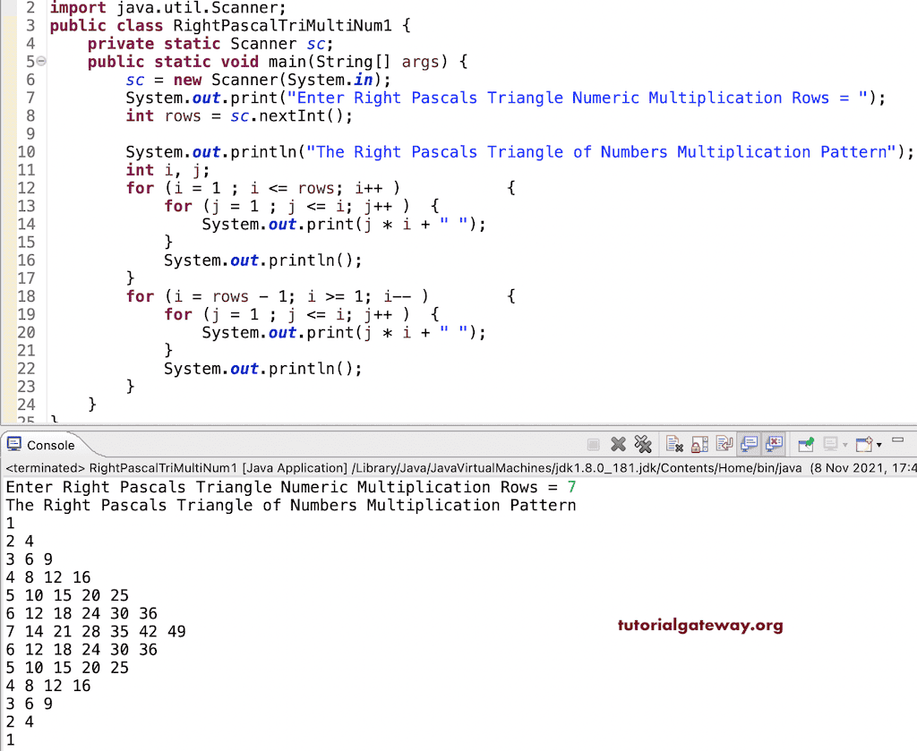 Java Program to Print Right Pascals Triangle of Multiplication Numbers Pattern