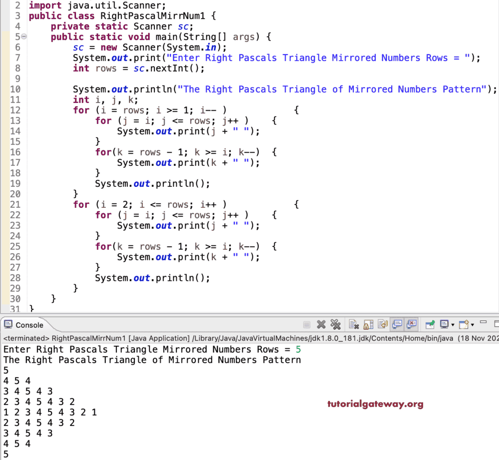 Java Program to Print Right Pascals Triangle of Mirrored Numbers Pattern