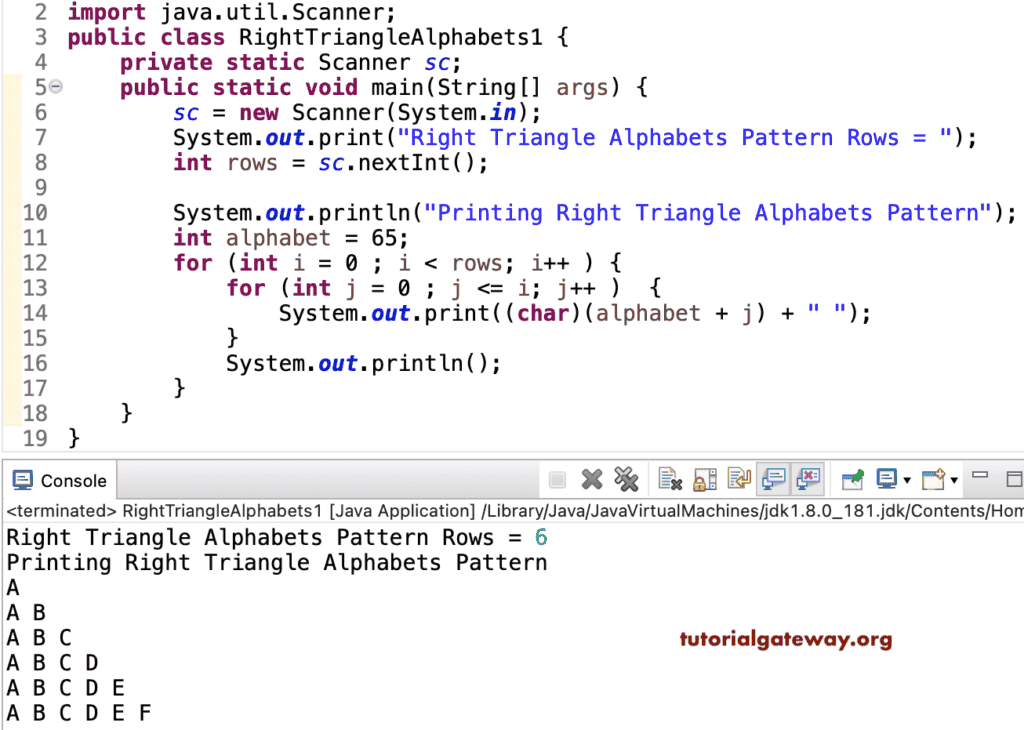 Java Program to Print Right Triangle Alphabets Pattern