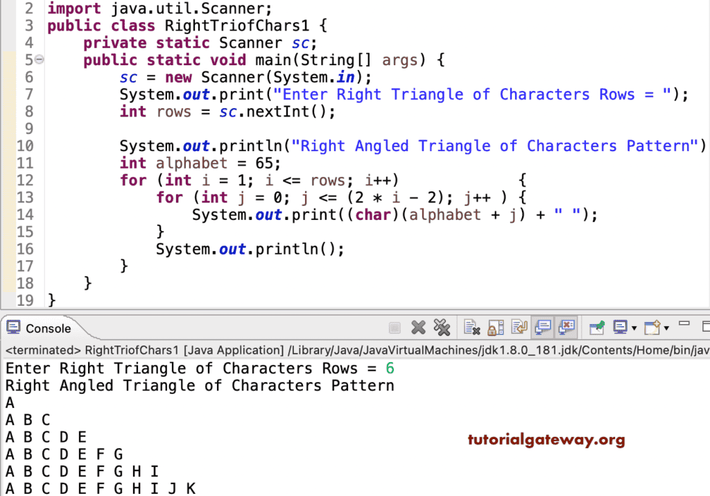 Java Program to Print Right Triangle Characters Pattern