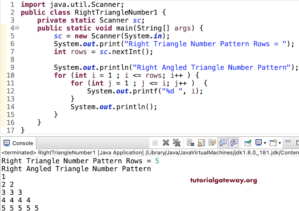 Java Program to Print Right Triangle Number Pattern