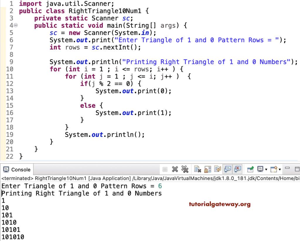 Java Program to Print Right Triangle of 1 and 0 Numbers