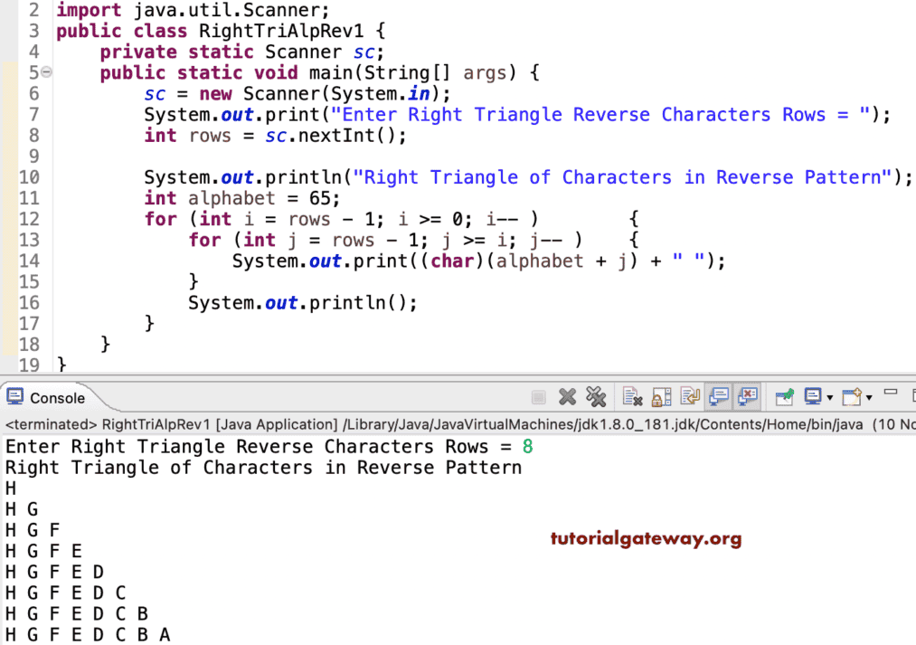 Java Program to Print Right Triangle of Alphabets in Reverse
