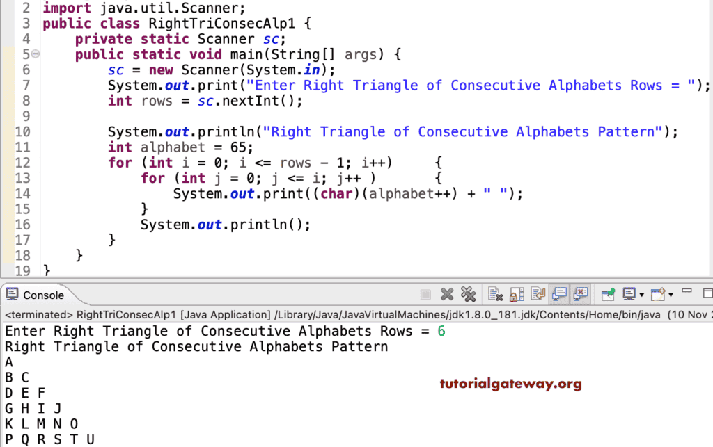 Java Program to Print Right Triangle of Consecutive Alphabets Pattern