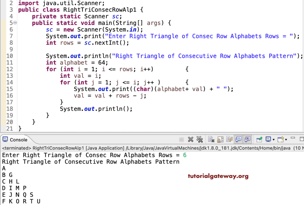 Java Program to Print Right Triangle of Consecutive Row Alphabets Pattern