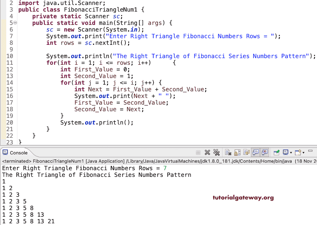Java Program to Print Right Triangle of Fibonacci Series Numbers Pattern