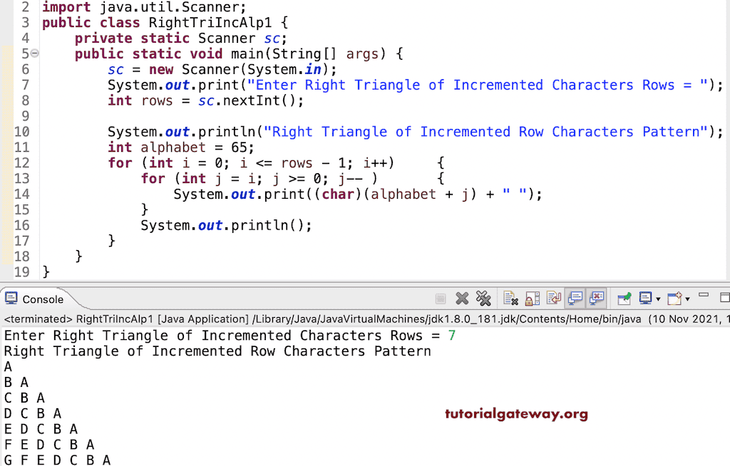 Java Program to Print Right Triangle of Incremental Alphabets Pattern