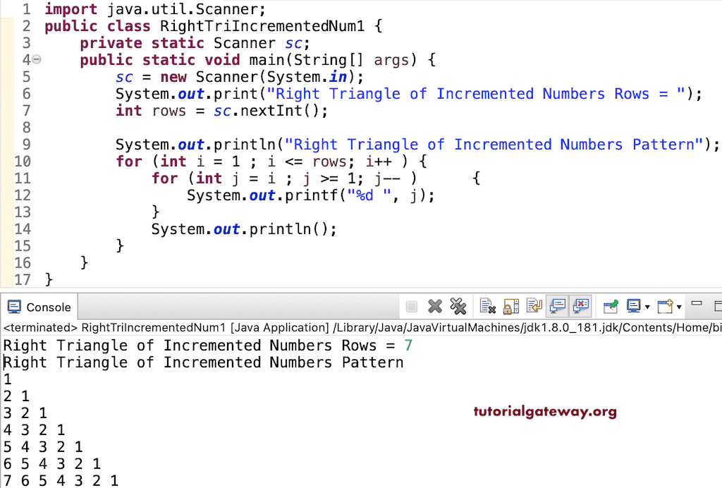 Java Program to Print Right Triangle of Incremented Numbers