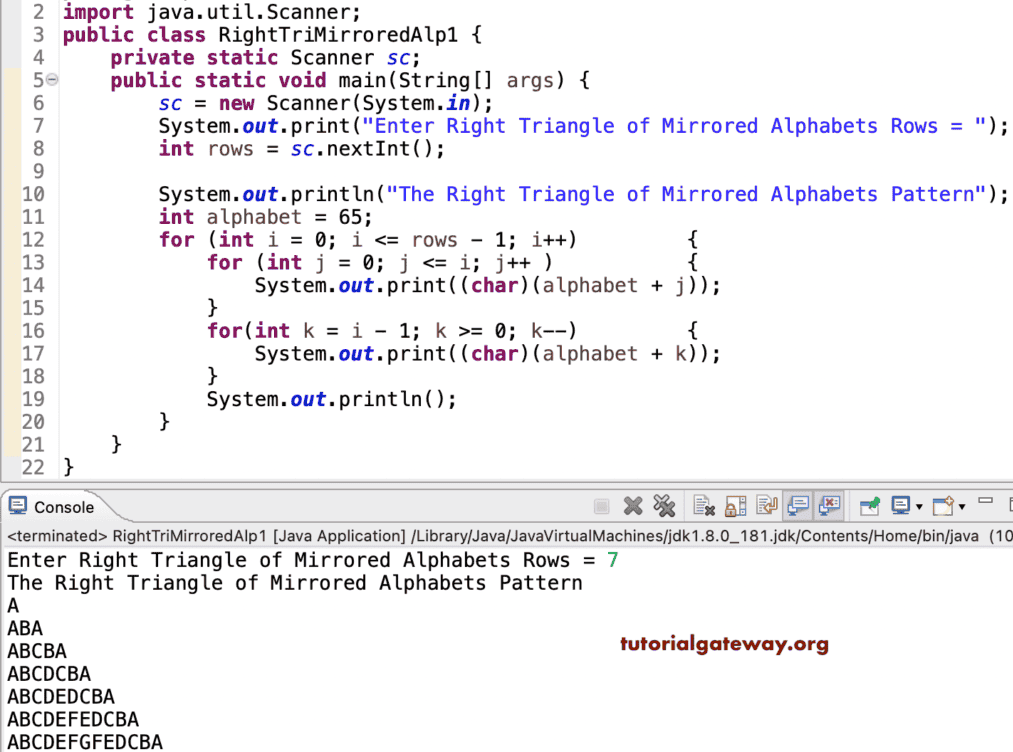 Java Program to Print Right Triangle of Mirrored Alphabets Pattern