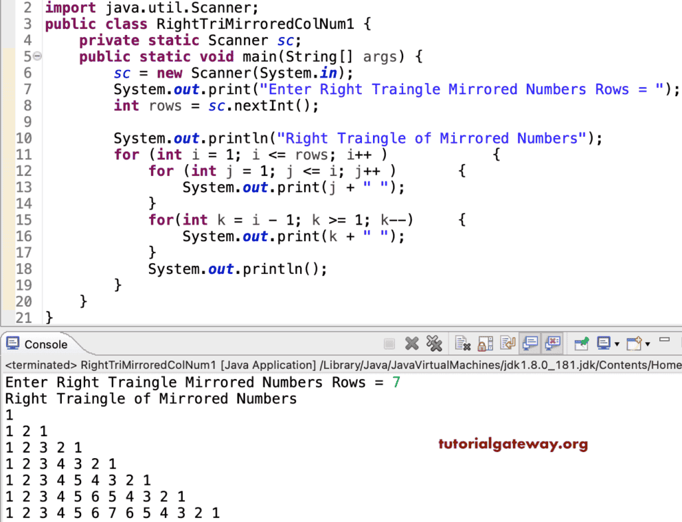 Java Program to Print Right Triangle of Mirrored Numbers Pattern