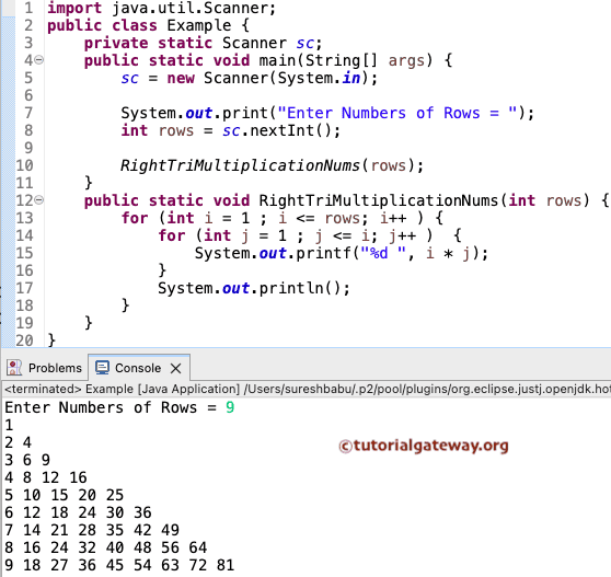 Program to Print Right Triangle of Multiplication Numbers