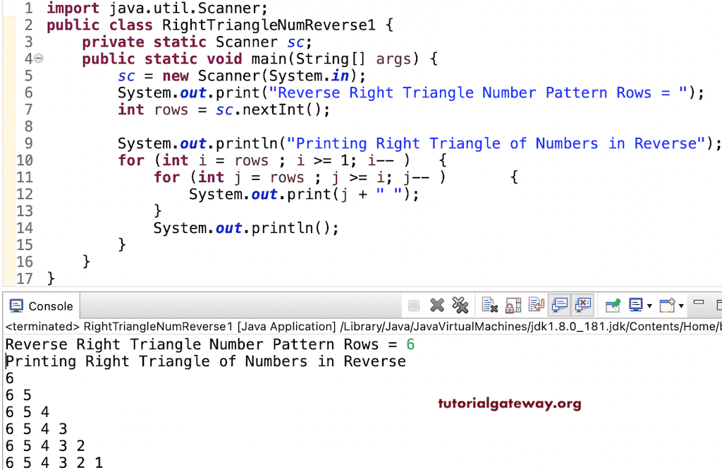 Java Program to Print Right Triangle of Numbers in Reverse