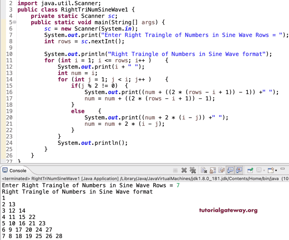 Java Program to Print Right Triangle of Numbers in Sine Wave Pattern