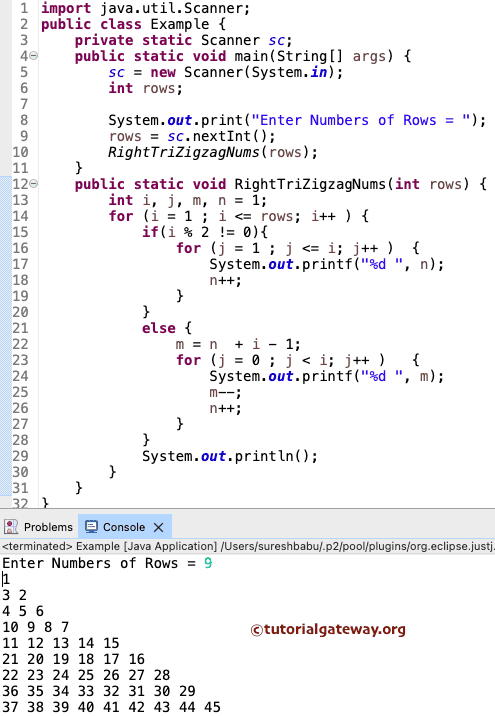 Print Right Triangle of Zigzag Numbers