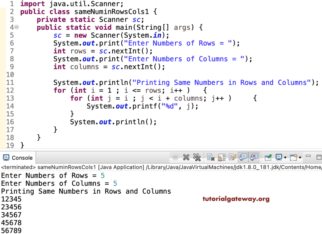 Java Program to Print Same Numbers in Rectangle Rows and Columns
