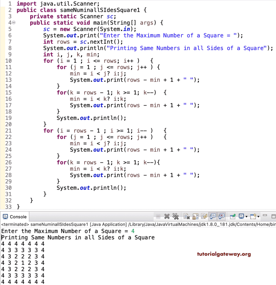 Java Program to Print Same Numbers on all Sides of a Square