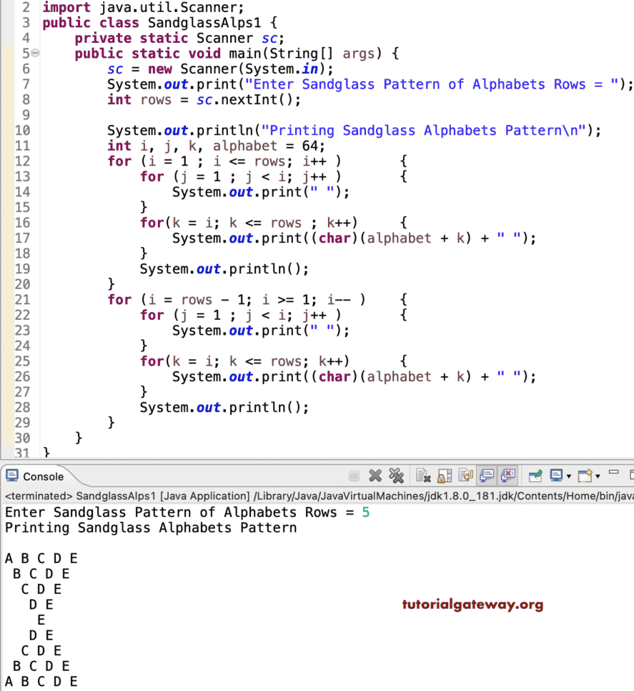 Java Program to Print Sandglass Alphabets Pattern