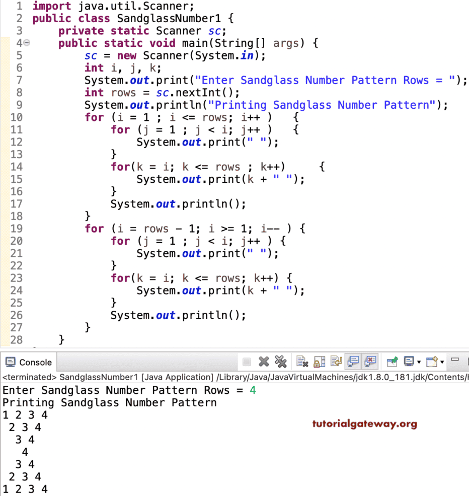 Java program to Print Sandglass Number Pattern