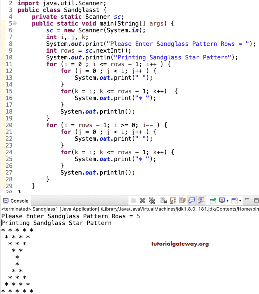 Java program to Print Sandglass Star Pattern