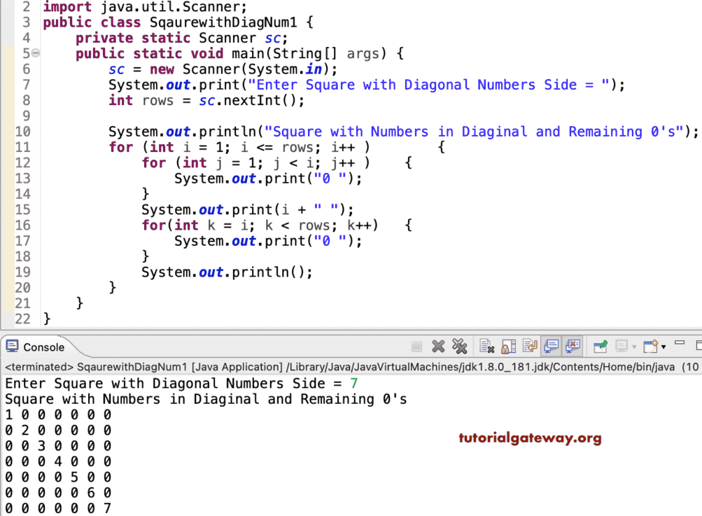 Java Program to Print Square With Diagonal Numbers Pattern