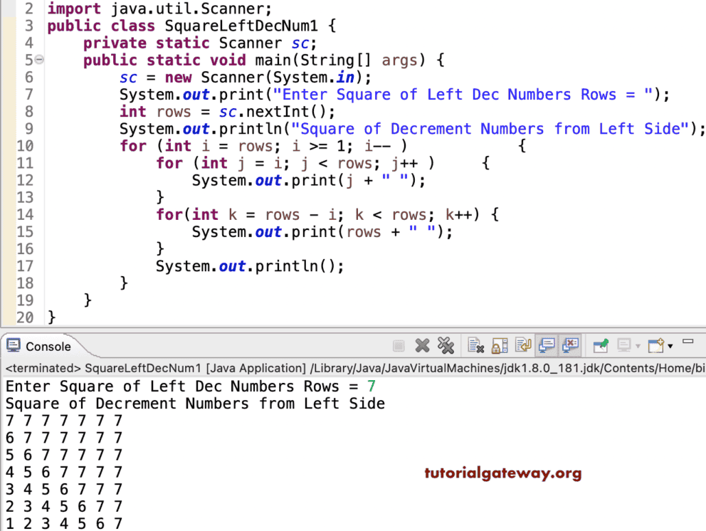 Java Program to Print Square of Left Decrement Numbers Pattern