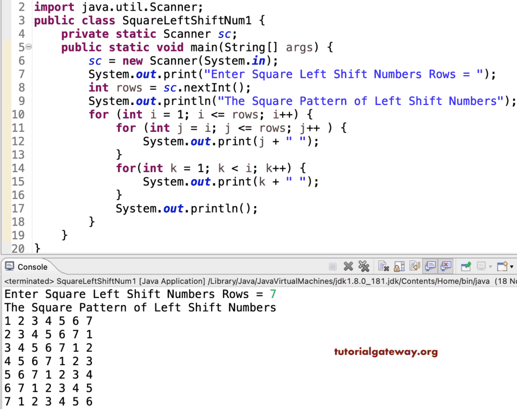 Java Program to Print Square of Left Shift Numbers Pattern