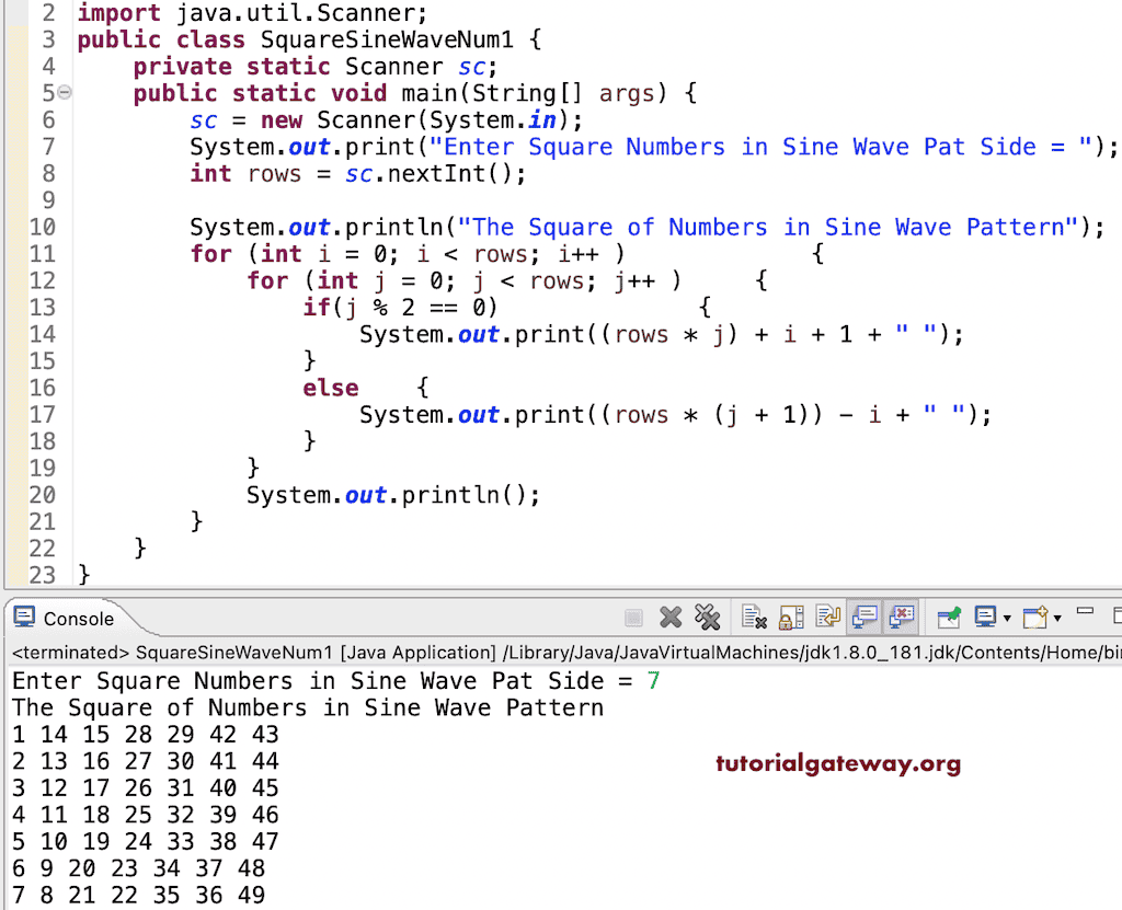 Java Program to Print Square of Numbers in Sine Wave Pattern