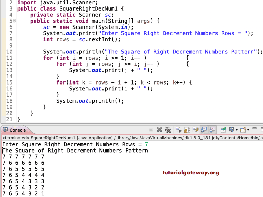 Java Program to Print Square of Right Decrement Numbers Pattern