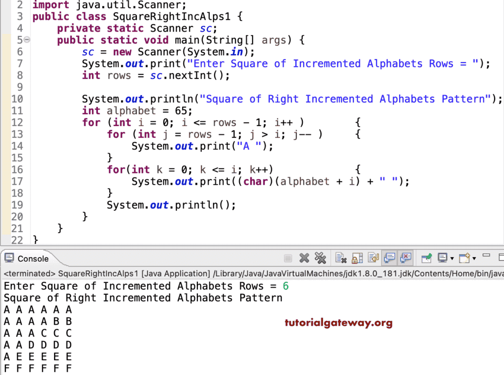 Java Program to Print Square of Right Increment Alphabets Pattern