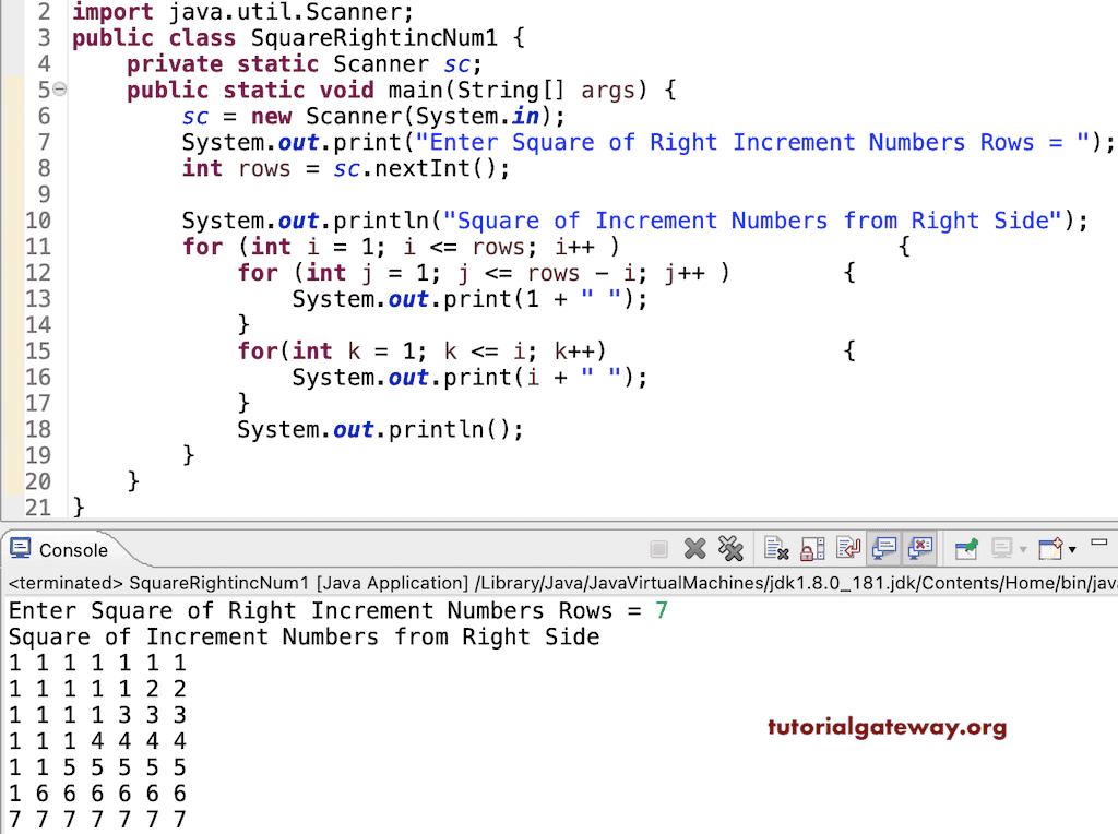Java Program to Print Square of Right Increment Numbers Pattern