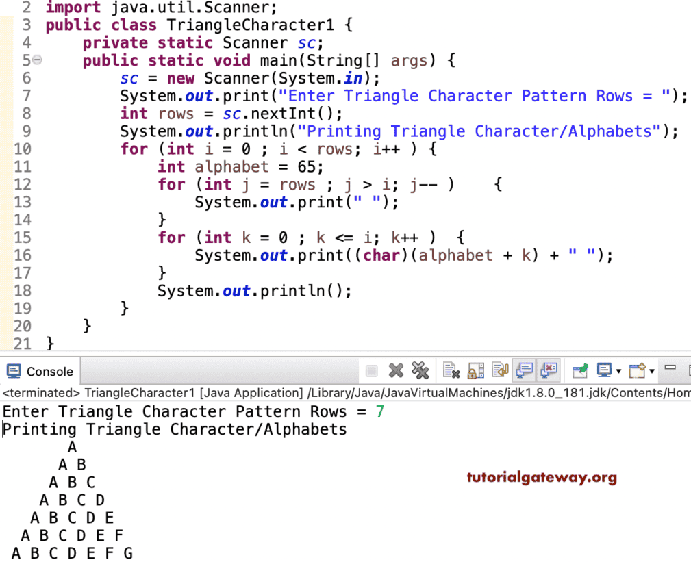 Java Program to Print Triangle Alphabets Pattern