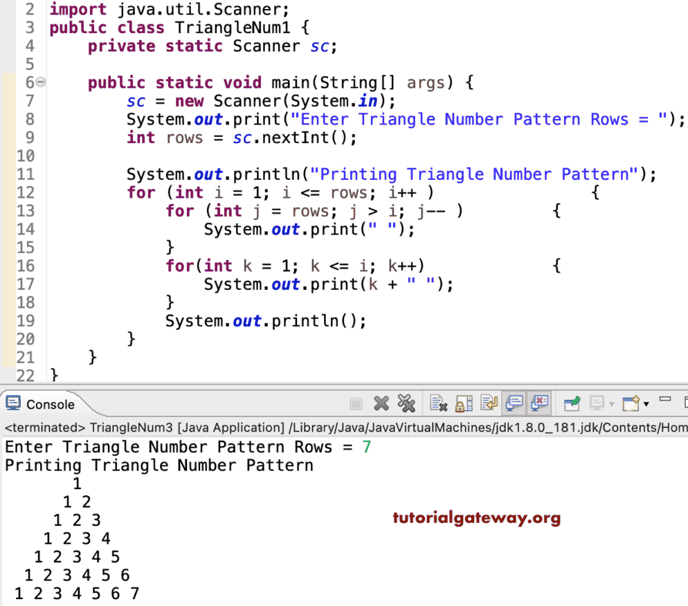 Java Program to Print Triangle Numbers Pattern