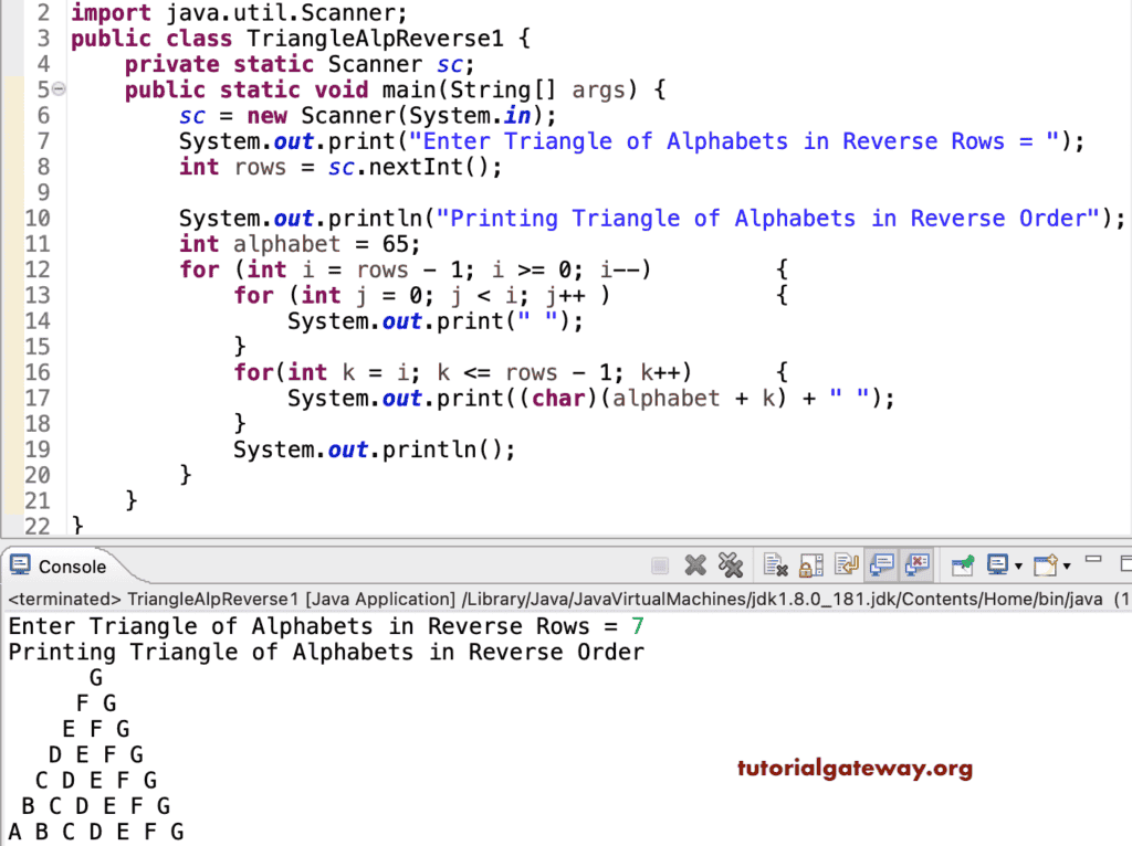 Java Program to Print Triangle of Alphabets in Reverse Pattern