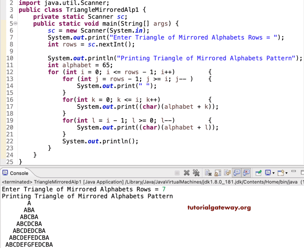 Java Program to Print Triangle of Mirrored Alphabets Pattern