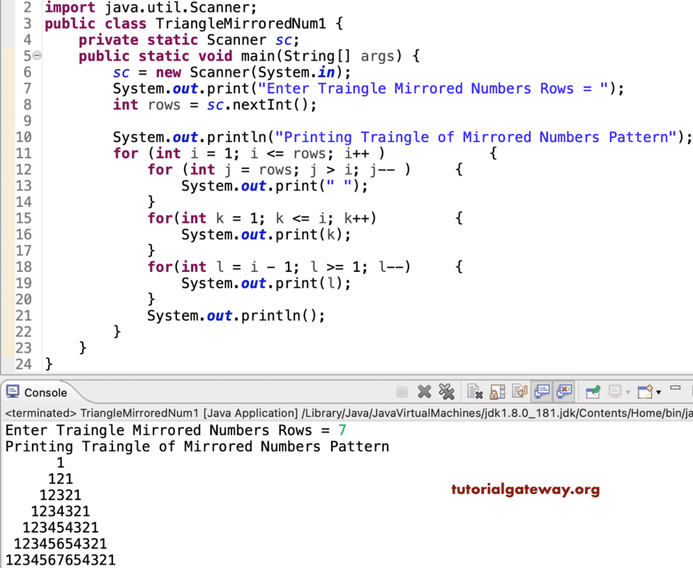 Java Program to Print Triangle of Mirrored Numbers Pattern