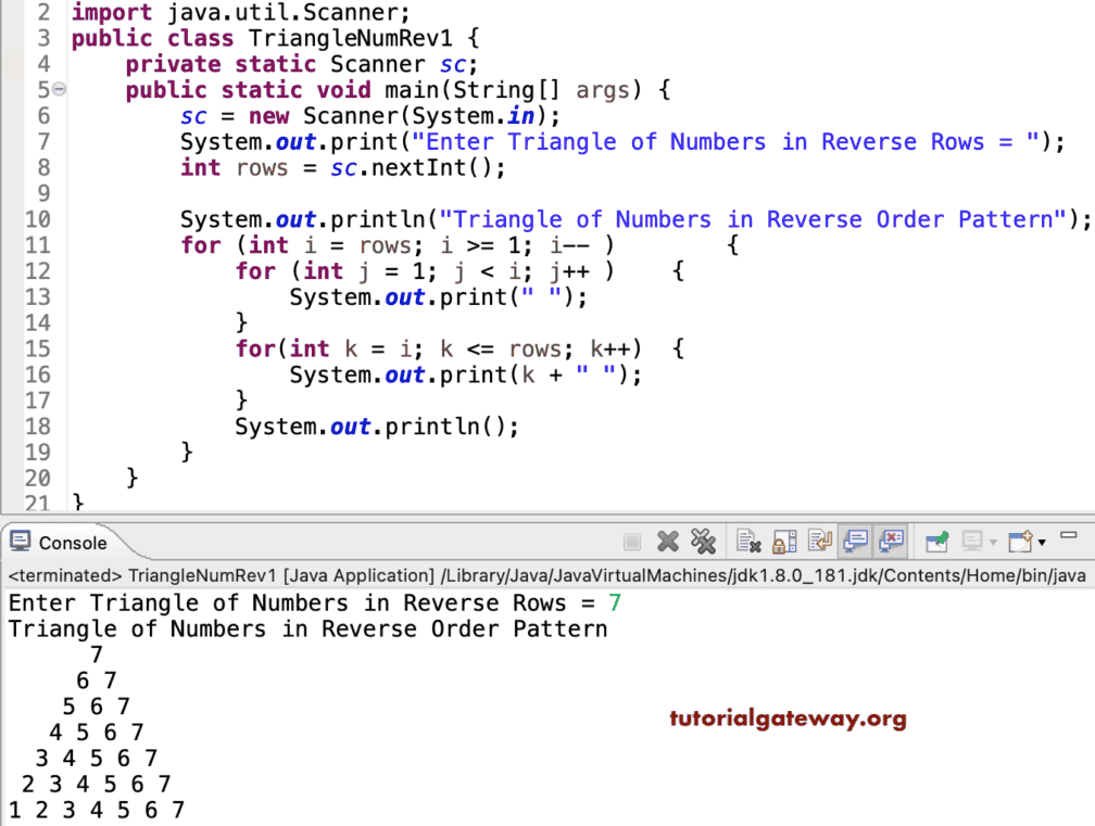 Java Program to Print Triangle of Numbers in Reverse Pattern