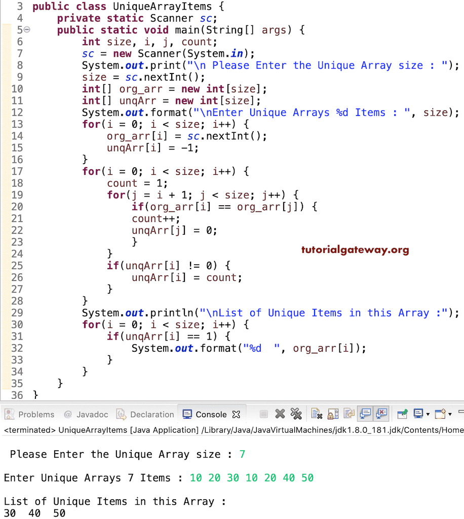 Program to Print Unique Array Items using for loop