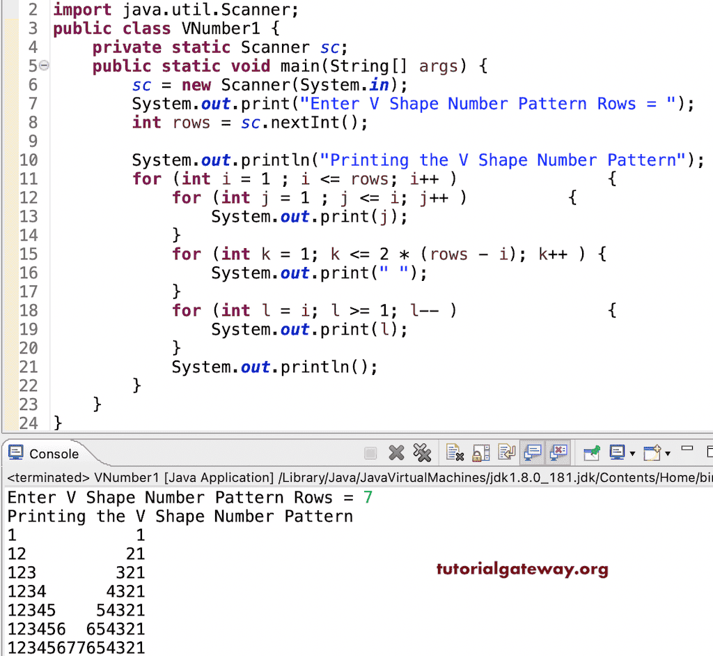 Java Program to Print V Numbers Pattern
